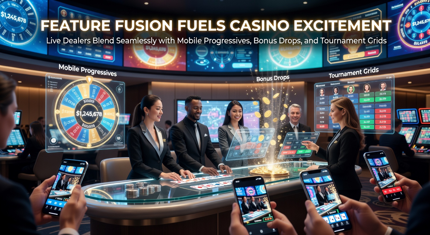 Dynamic casino interface showing live dealer interacting with progressive jackpot slots on a mobile screen, surrounded by bonus drop notifications and tournament leaderboards
