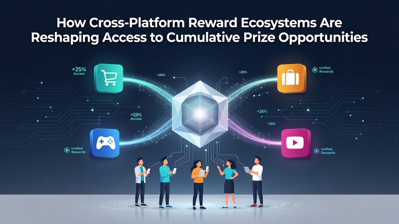 Illustration of interconnected digital platforms showing reward points flowing between mobile apps, consoles, and web services