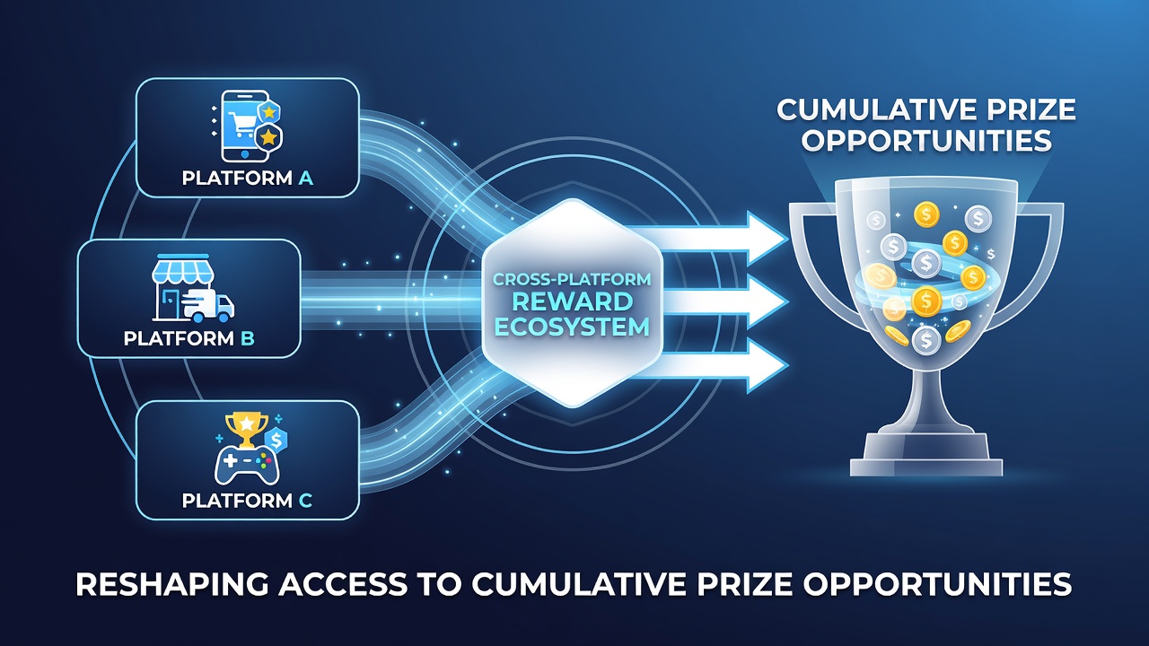 Diagram depicting reward accumulation across multiple devices including tablets, smartphones, and gaming consoles