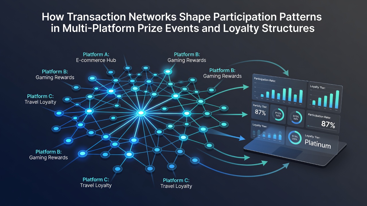 Illustration of interconnected transaction networks linking multiple digital prize platforms and loyalty reward systems