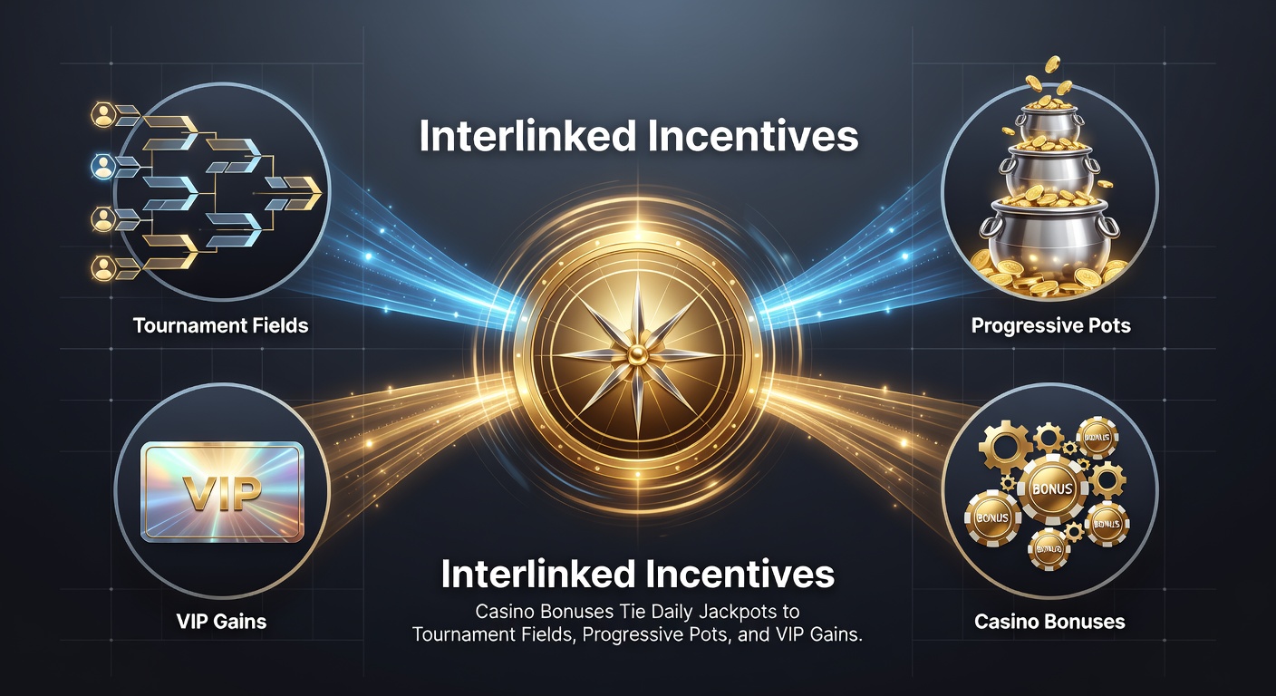 Dynamic casino interface showing interconnected bonus icons linking jackpots, tournaments, progressives, and VIP tiers with glowing reward chains