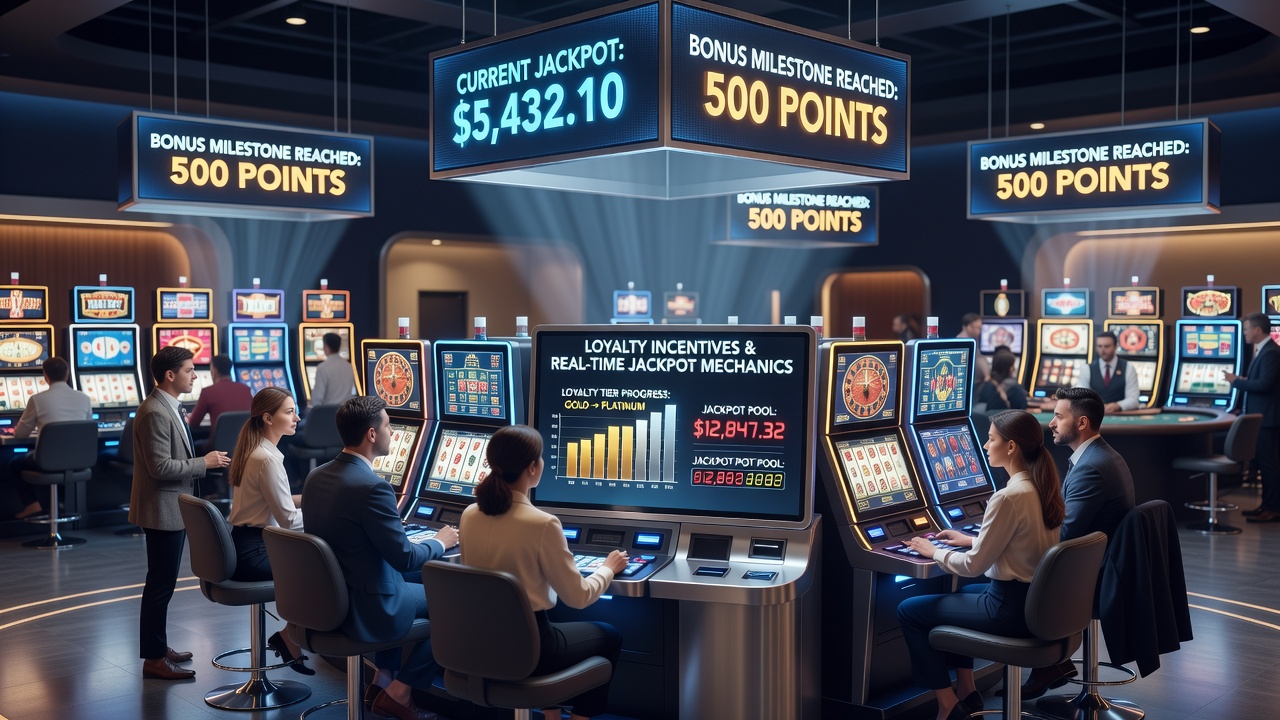 Digital interface displaying loyalty tier progress alongside live jackpot counters for various game categories