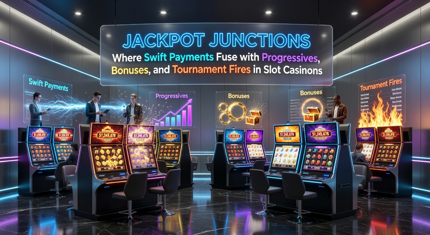 Dynamic slot reels exploding with progressive jackpots, bonus symbols, and instant payment lightning bolts in a bustling casino scene
