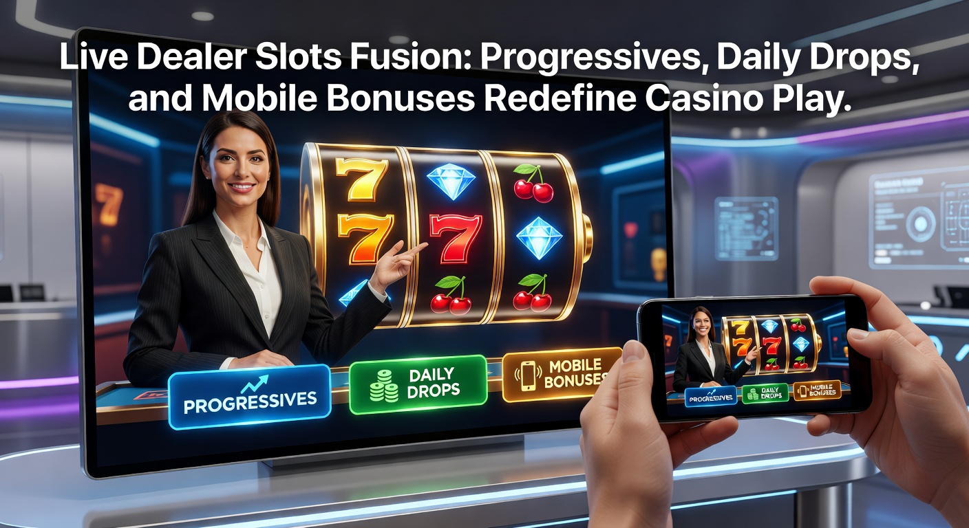 Dynamic live dealer at a high-tech slot fusion table, surrounded by glowing progressive jackpots and mobile screens showing daily drops