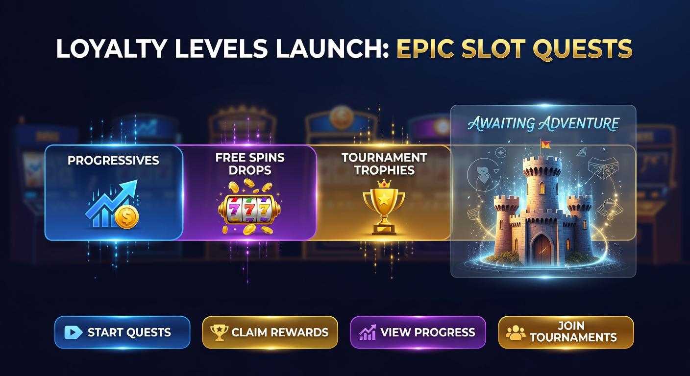Dynamic screenshot of free spins dropping in a loyalty quest, alongside progressive meters and tournament trophy icons glowing for top-tier players
