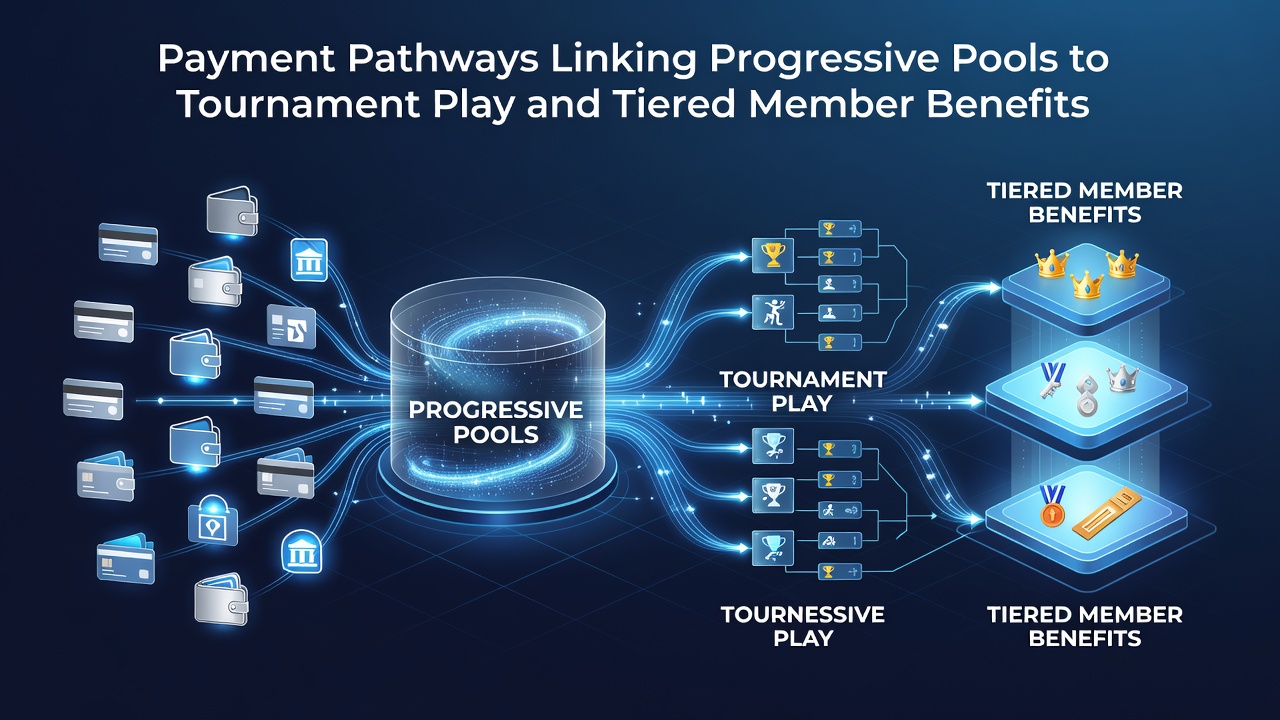 Diagram showing payment pathways connecting progressive jackpot pools to slot tournaments and tiered member benefits in online casinos