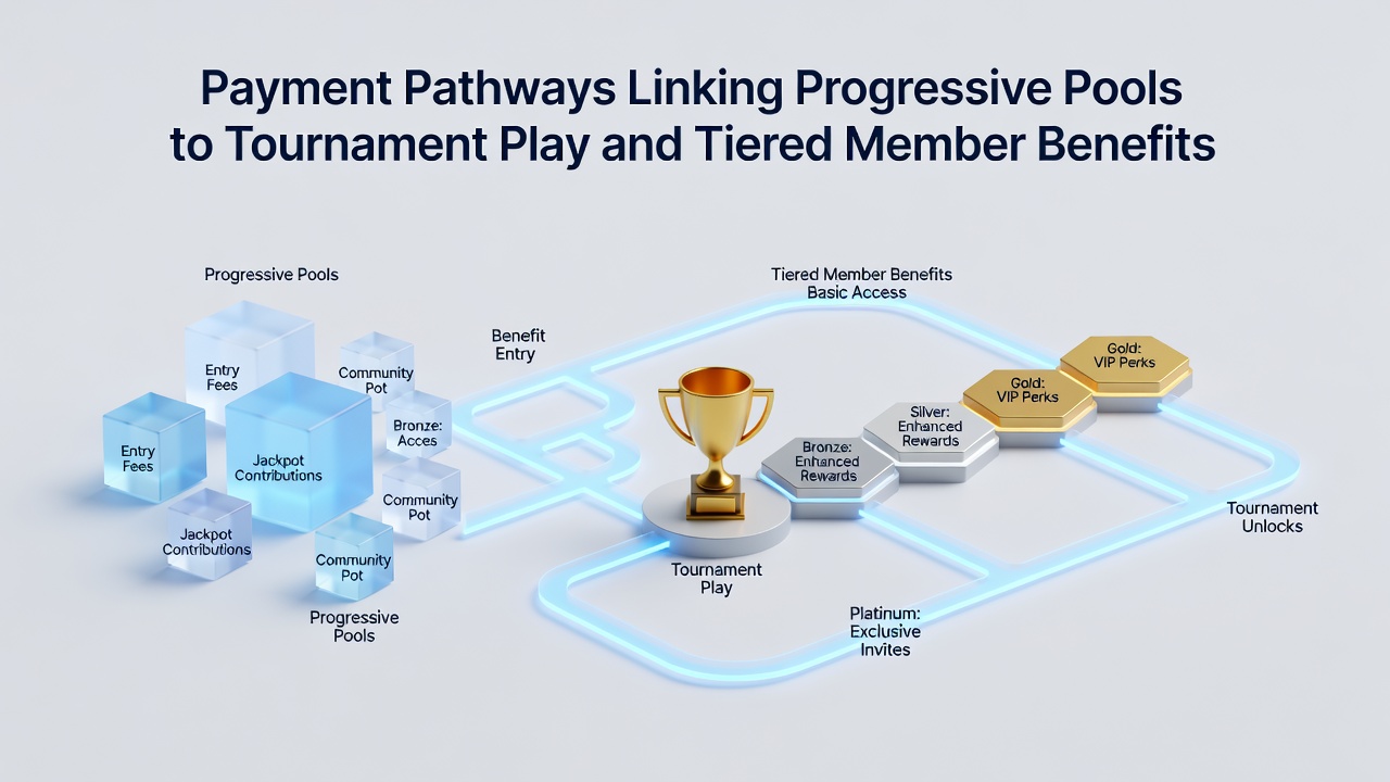 Infographic illustrating tiered loyalty benefits connected via payment systems to progressive pools and live tournament interfaces
