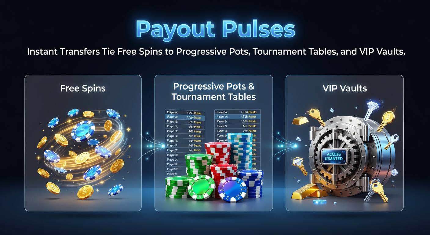 Dynamic graphic showing instant payout streams connecting slot reels, jackpot meters, tournament ladders, and VIP treasure chests in a vibrant casino interface
