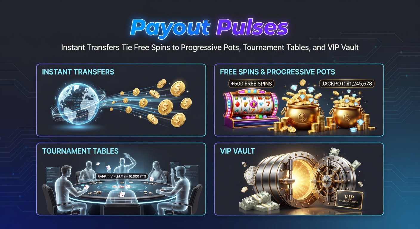 Close-up illustration of a pulsing payout network linking spinning slot reels to rising progressive jackpot bars, competitive tournament tables, and glowing VIP reward vaults