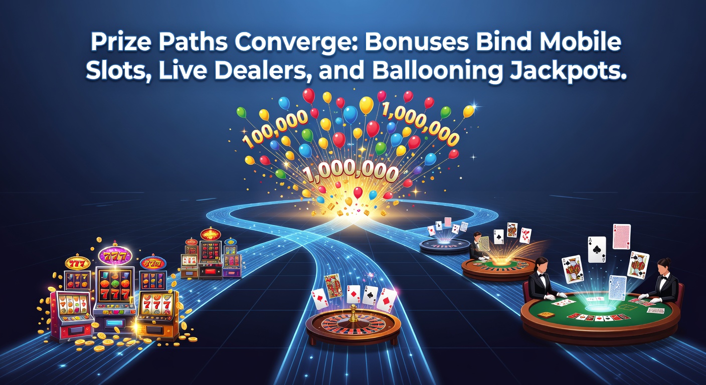Vibrant casino scene showing mobile slots, live dealer tables, and glowing progressive jackpot counters converging on a digital prize path