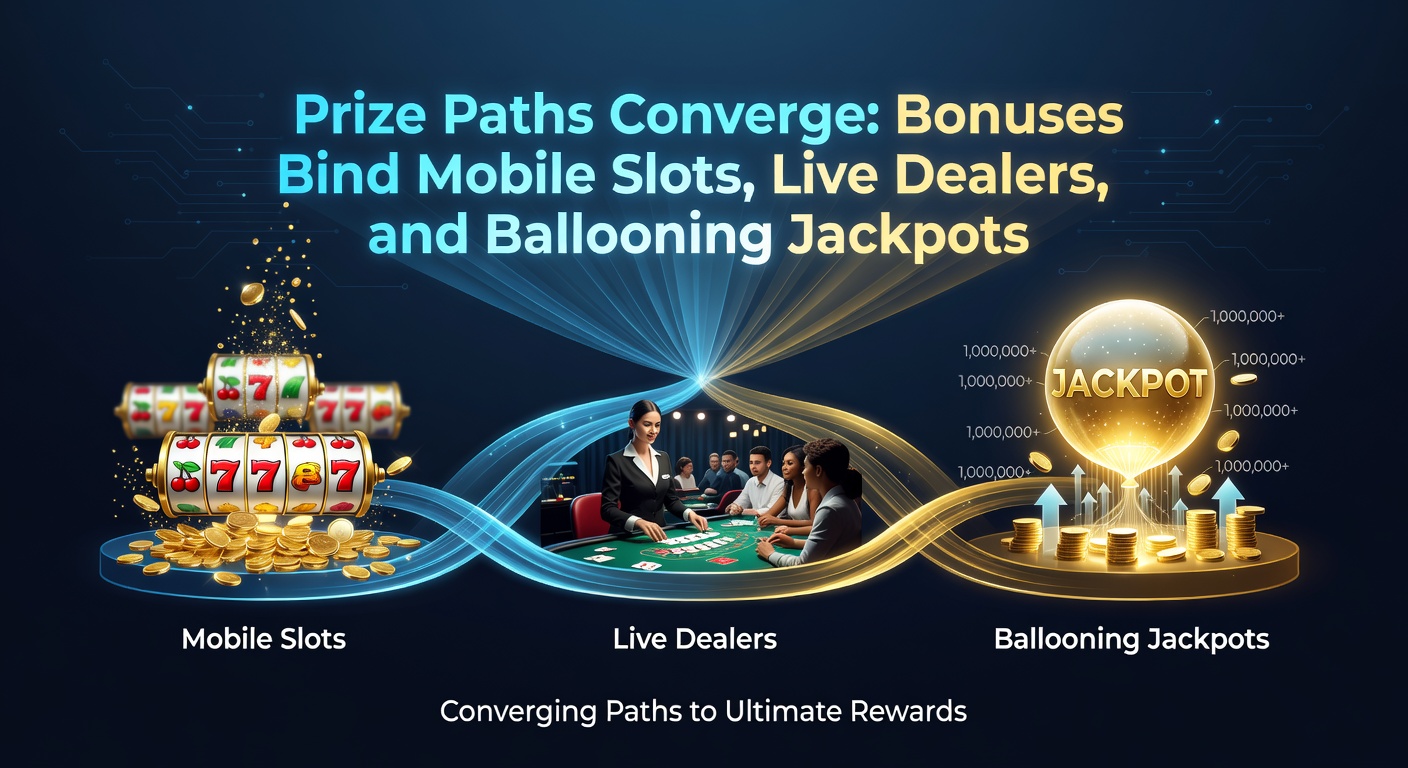 Dynamic graphic of bonus icons connecting mobile slot reels, live dealer cards, and a skyrocketing progressive jackpot meter