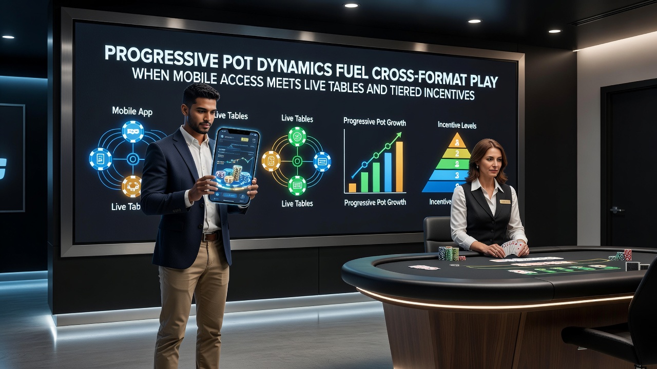 Live casino floor with players at tables while mobile devices show synchronized progressive jackpot displays and loyalty tier progress