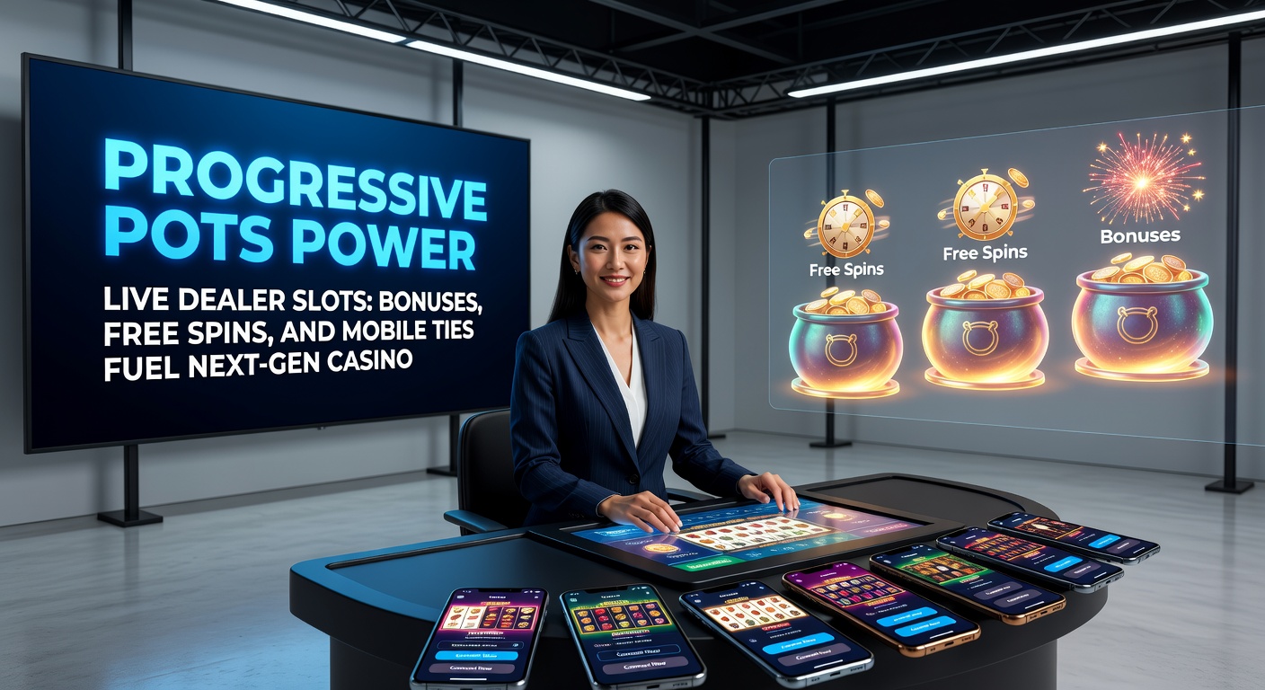 Dynamic screenshot of free spins activating on a live dealer progressive slot, with jackpot counter in the background and mobile device overlay