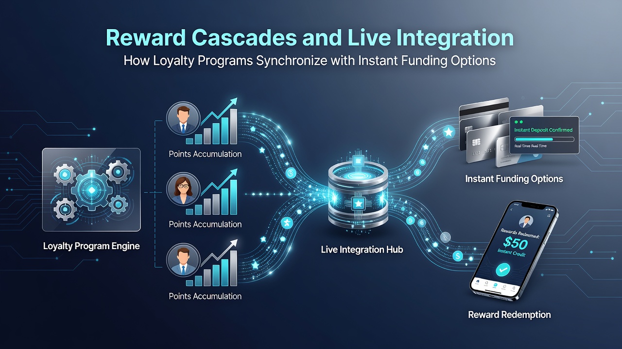 Diagram showing loyalty program synchronization with instant funding for hybrid casino participation