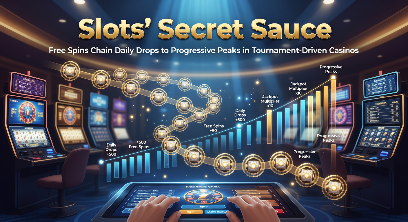 Vibrant slot machine reels spinning with cascading free spins and glowing progressive jackpot meters building toward peaks amid tournament leaderboards