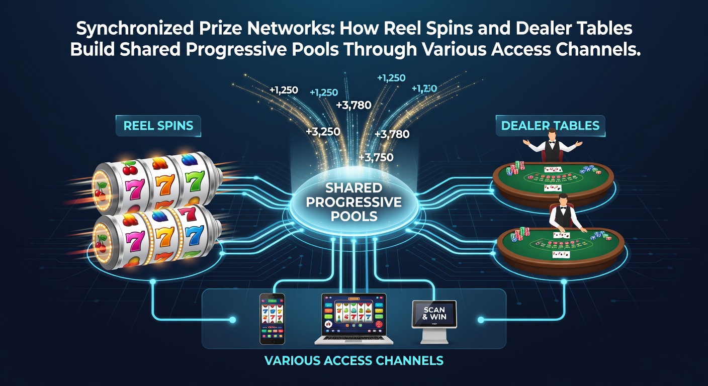 Diagram illustrating synchronized connections between digital slot reels and live dealer tables forming shared progressive prize pools