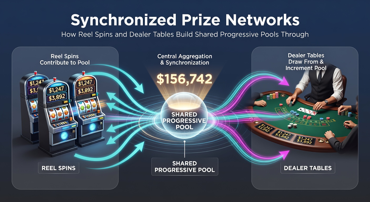 Illustration of players accessing synchronized progressive networks via mobile, desktop, and live casino channels