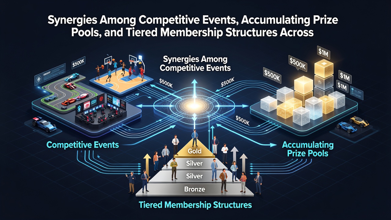 Detailed view of tiered membership benefits connecting to tournament leaderboards and expanding prize indicators