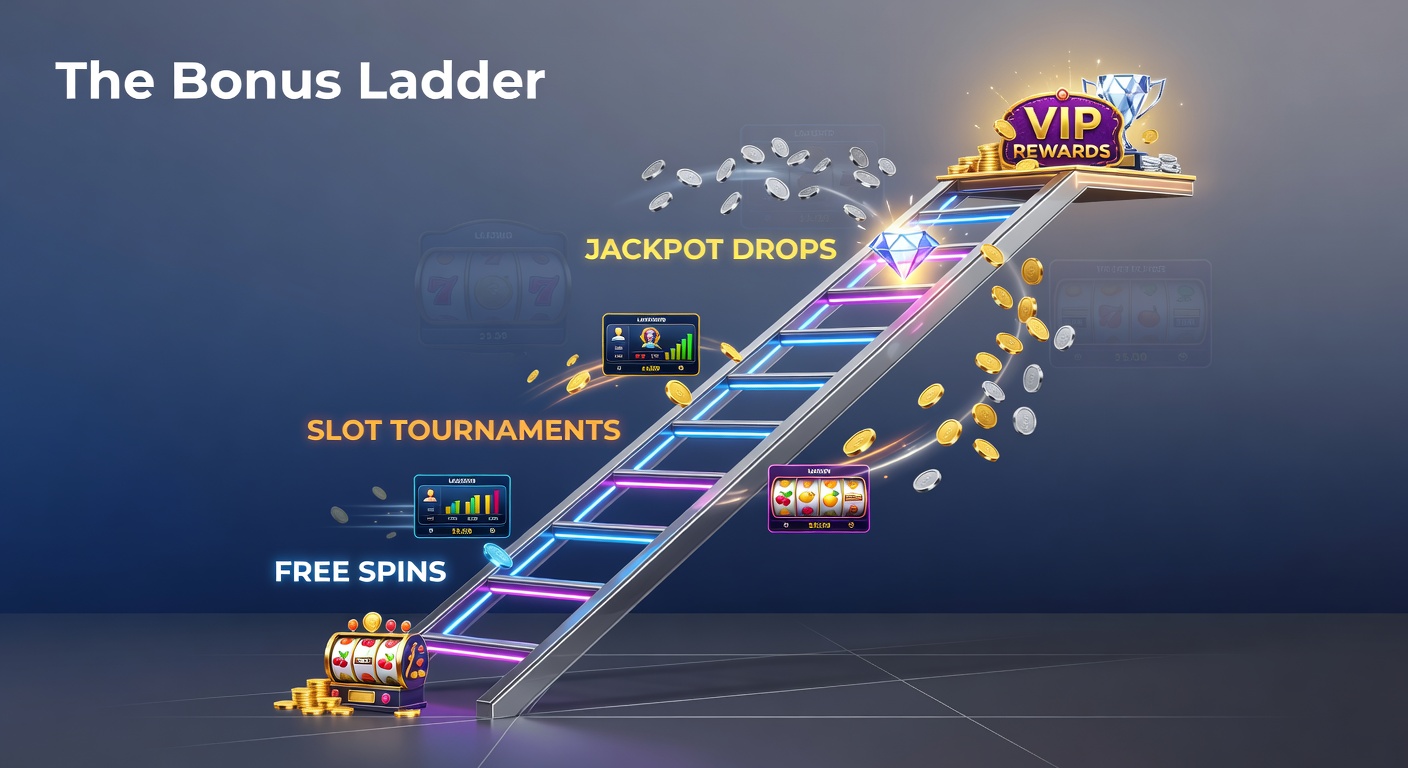 Vibrant slot machine display showing cascading free spins transitioning into glowing jackpot symbols and tournament leaderboards, illustrating the progressive reward path in online casinos
