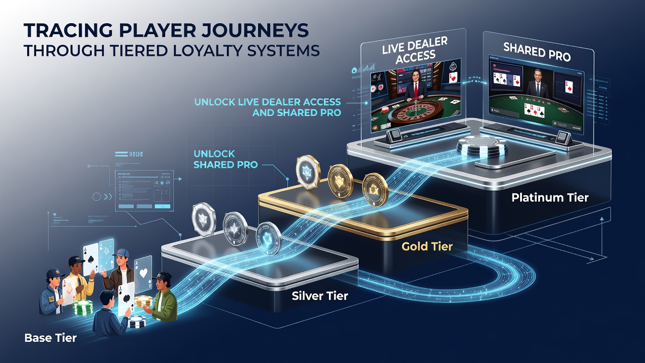 Diagram showing how loyalty tiers connect player activity to live dealer rooms and growing progressive jackpot pools