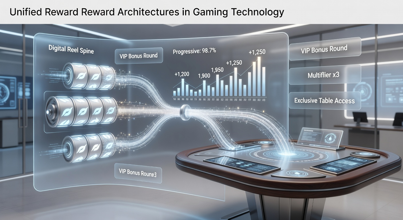 Diagram illustrating unified reward systems that link digital reel spins to interactive table game sessions for building shared progressive accumulations
