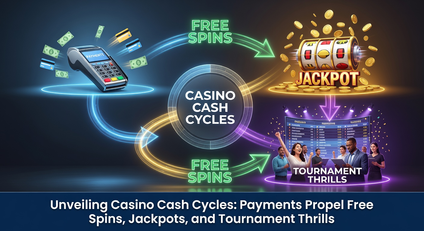 Dynamic illustration of money flowing through casino games, highlighting payments linking to spinning reels, jackpot meters rising, and tournament leaderboards