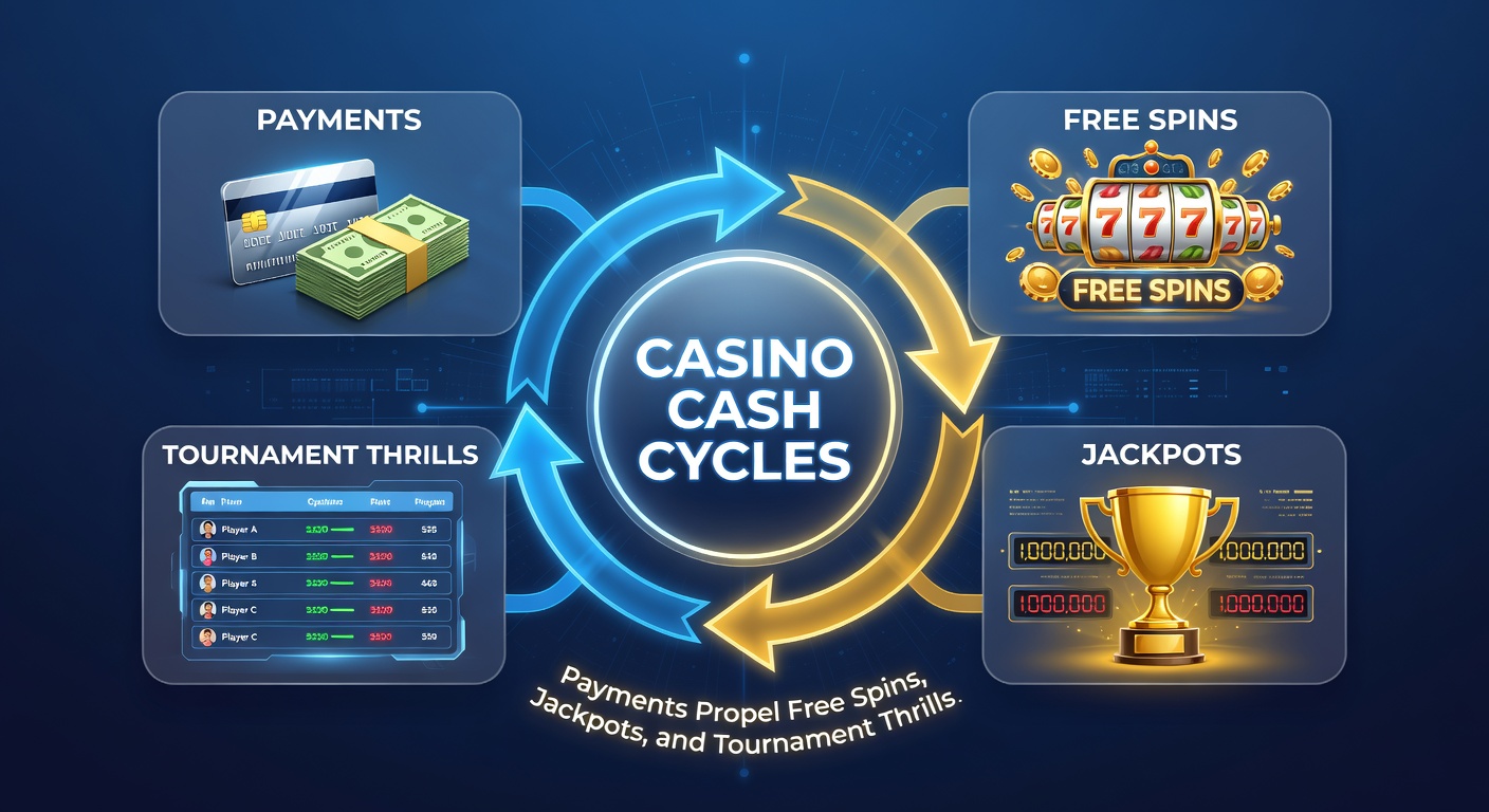 Close-up graphic of payment icons connecting to exploding free spin symbols, rising jackpot counters, and competitive tournament brackets